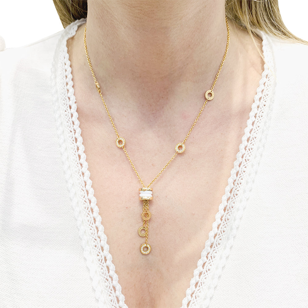 Bulgari necklace, "BZERO1", rose gold, white ceramic and diamonds.