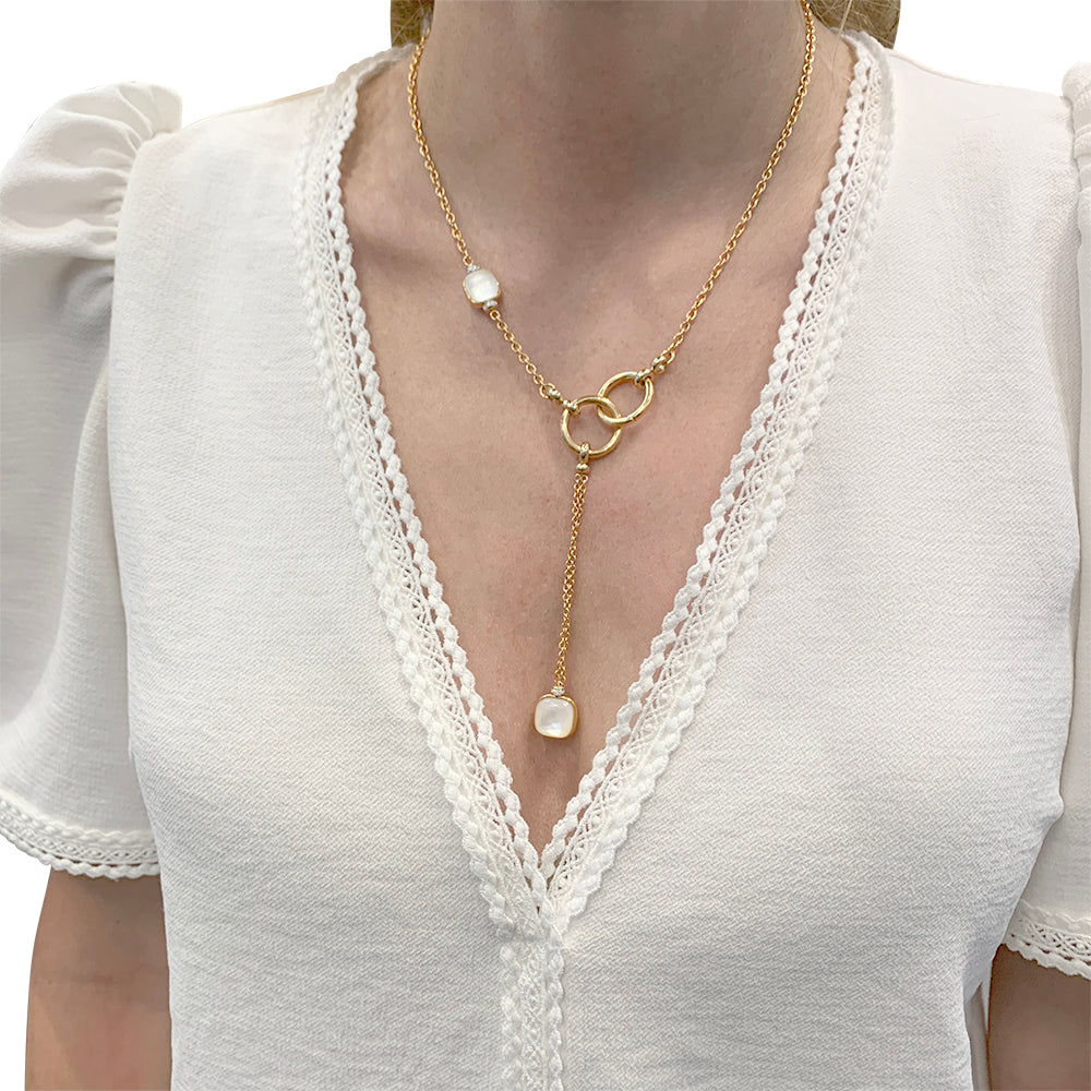 Pomellato necklace, "Nudo", rose gold, diamonds, white mother-of-pearl, white topaz.