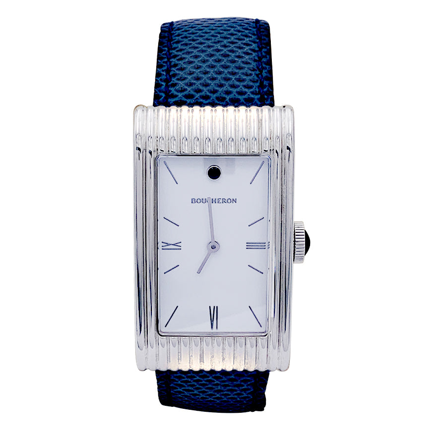 Montre Boucheron, "Reflet Large", acier, cuir.