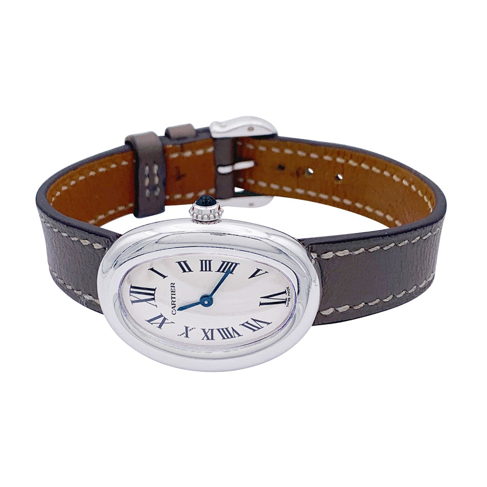 Cartier watch, "Baignoire", white gold, leather.