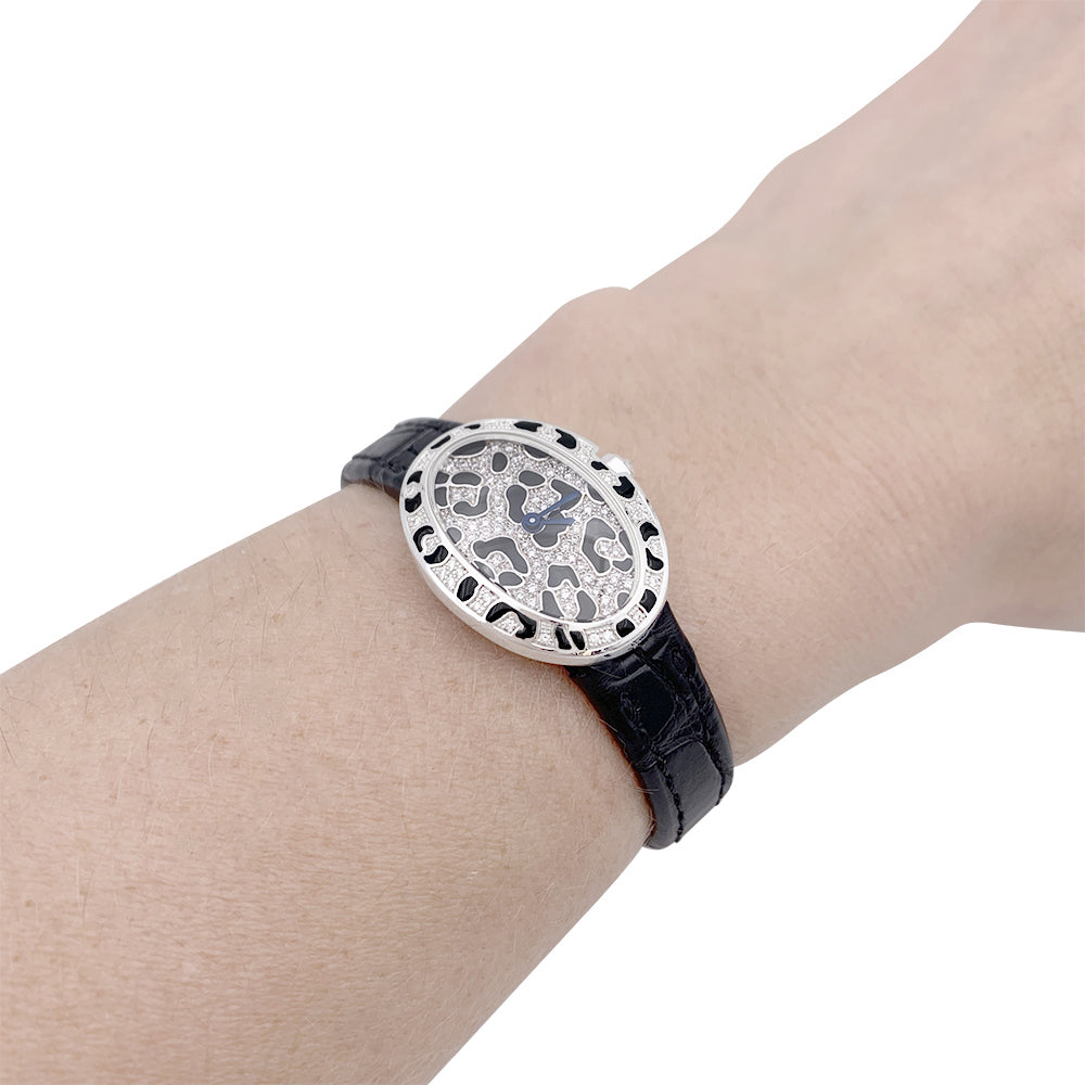 Cartier watch, "Mini Bathtub-Panther Spots", white gold, diamonds, enamel.