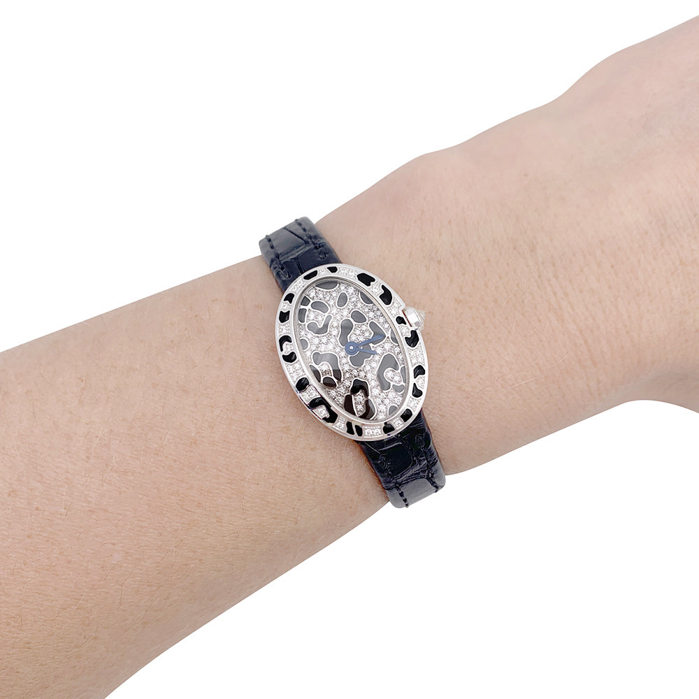 Cartier watch, "Mini Bathtub-Panther Spots", white gold, diamonds, enamel.