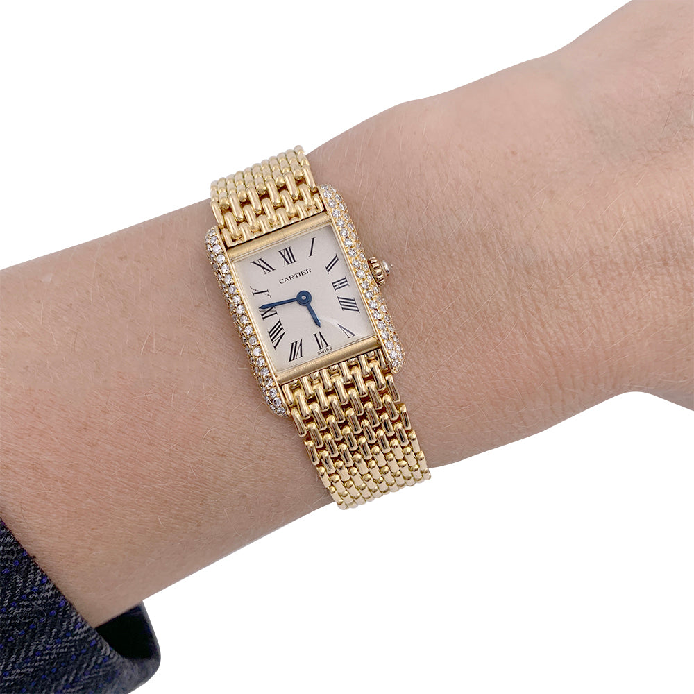 Cartier "Tank Louis Cartier" watch, yellow gold and diamonds.
