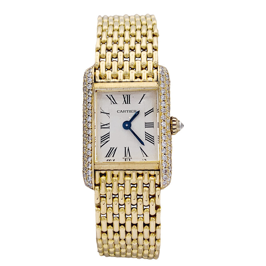 Cartier "Tank Louis Cartier" watch, yellow gold and diamonds.