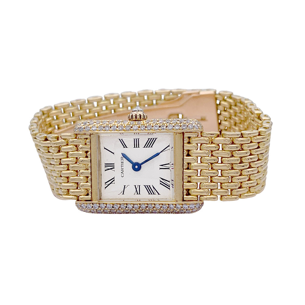 Cartier "Tank Louis Cartier" watch, yellow gold and diamonds.
