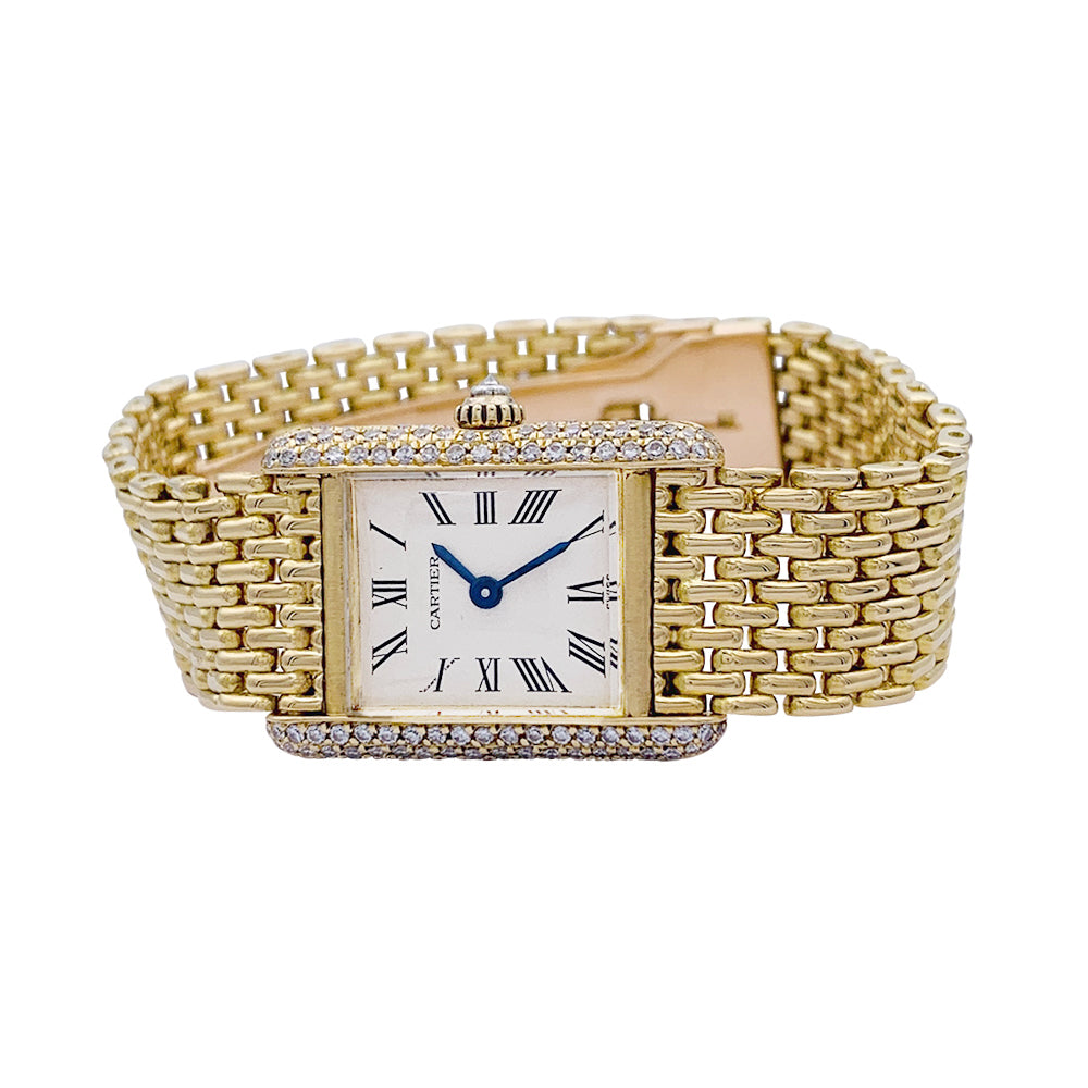 Cartier "Tank Louis Cartier" watch, yellow gold and diamonds.