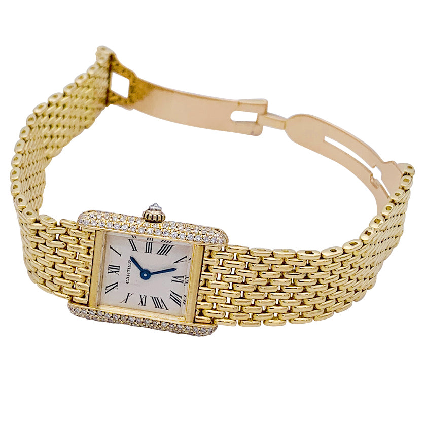 Cartier "Tank Louis Cartier" watch, yellow gold and diamonds.