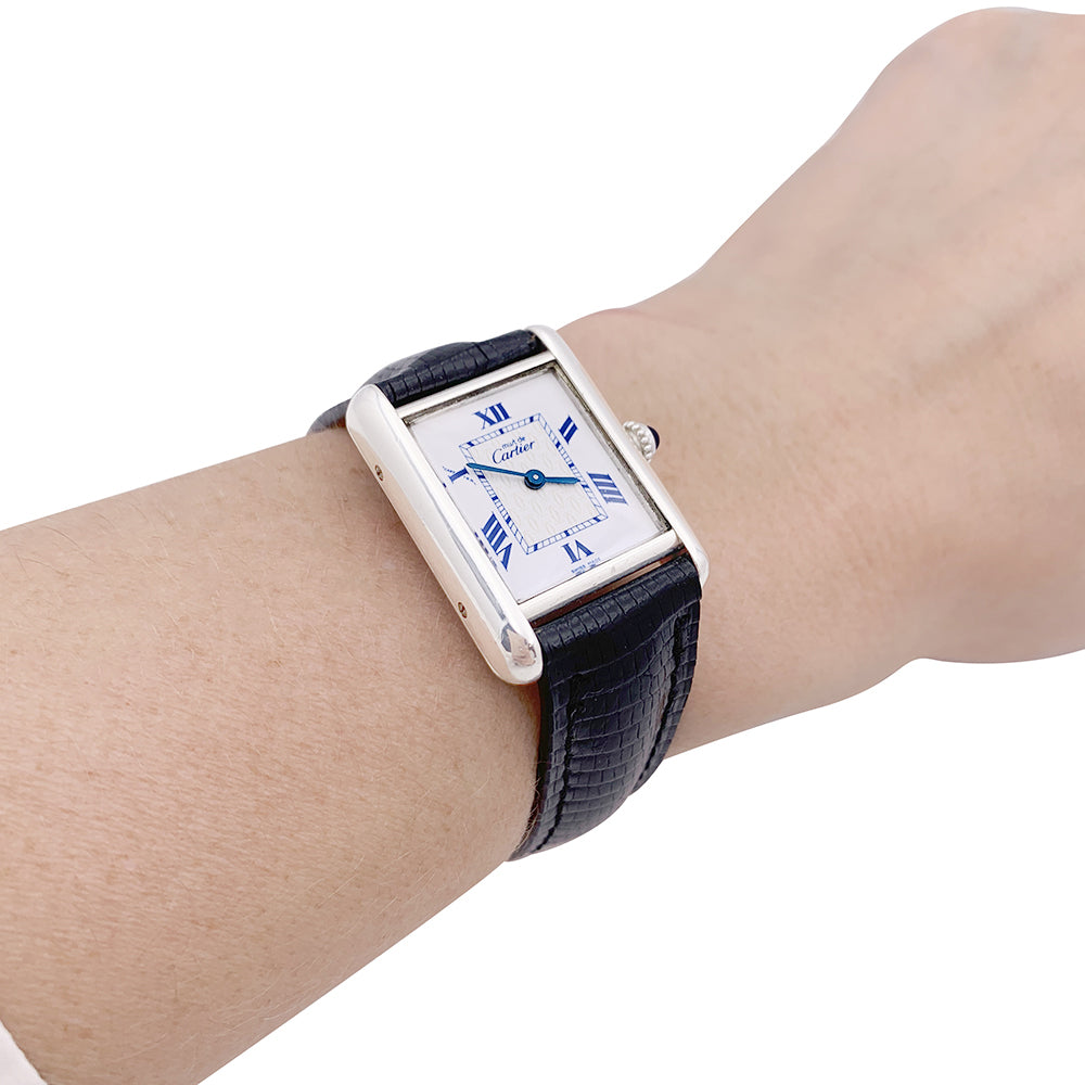 Cartier "Tank Must" silver, leather watch.