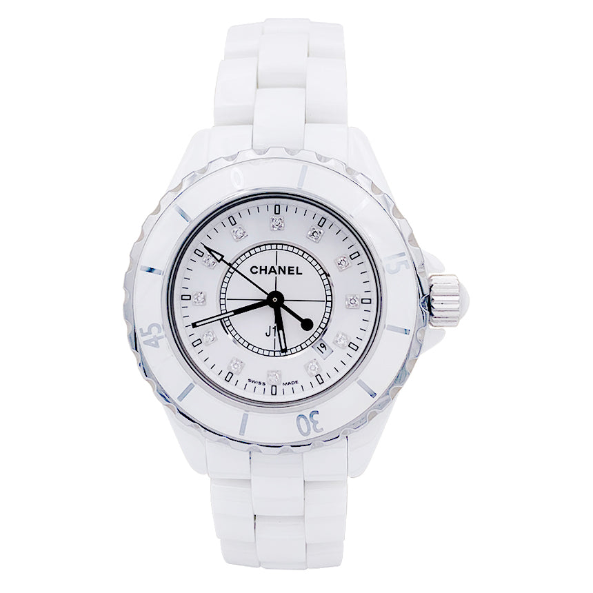 Montre Chanel, "J12", céramique blanche index diamants