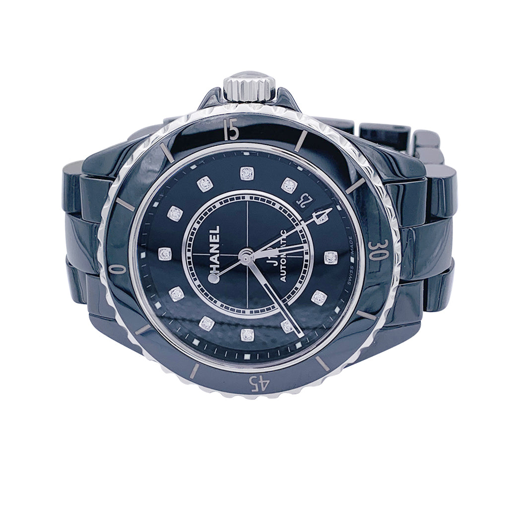 Chanel J12 black ceramic watch with diamonds.
