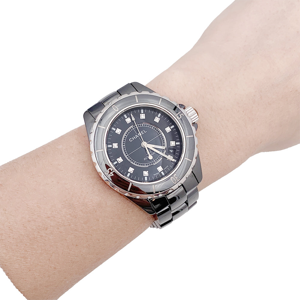 Chanel watch, "J12", black ceramic, diamonds.