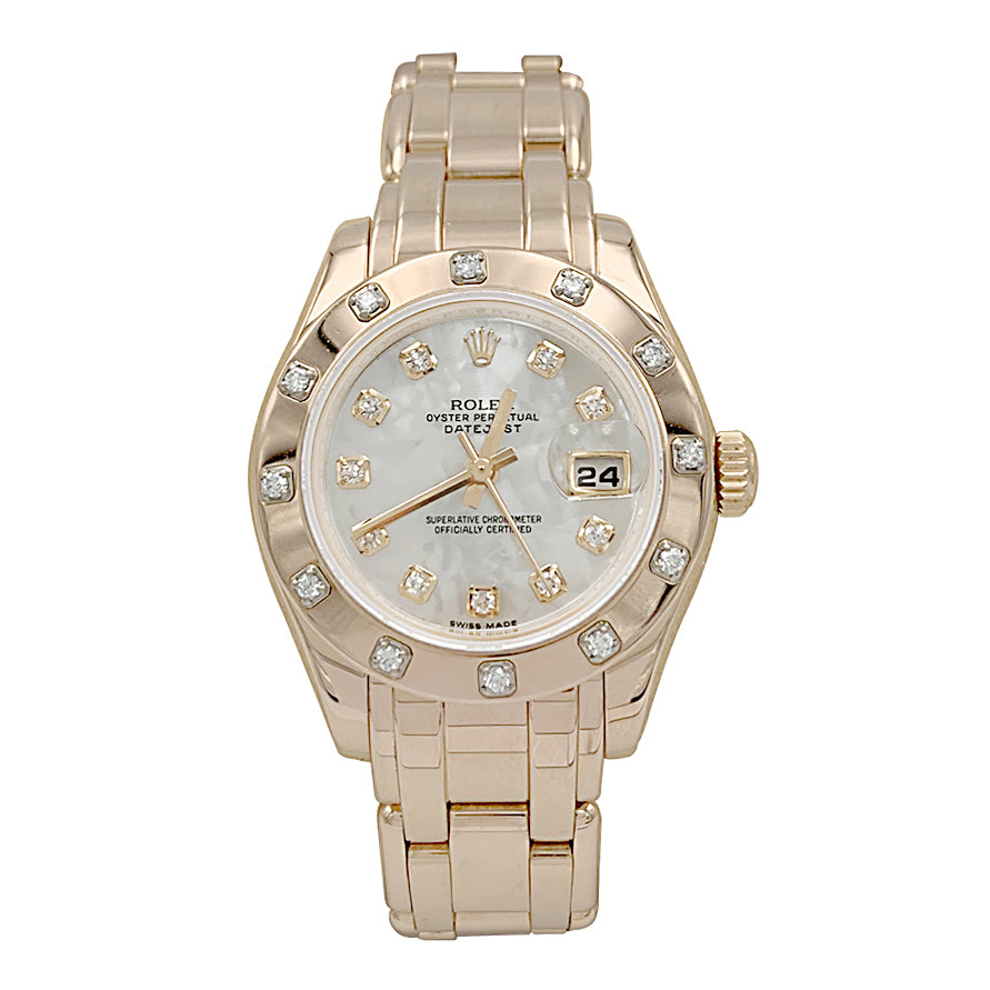 Montre Rolex, "Pearl Master", or rose, nacre et diamants.
