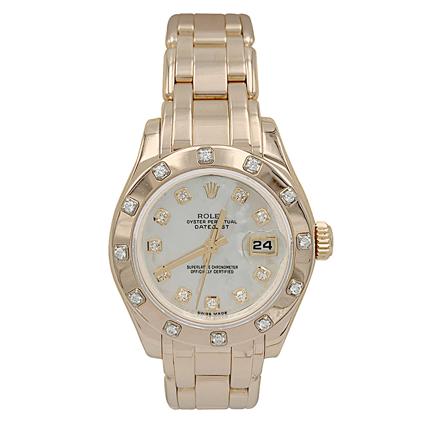 Montre Rolex, "Pearl Master", or rose, nacre et diamants.