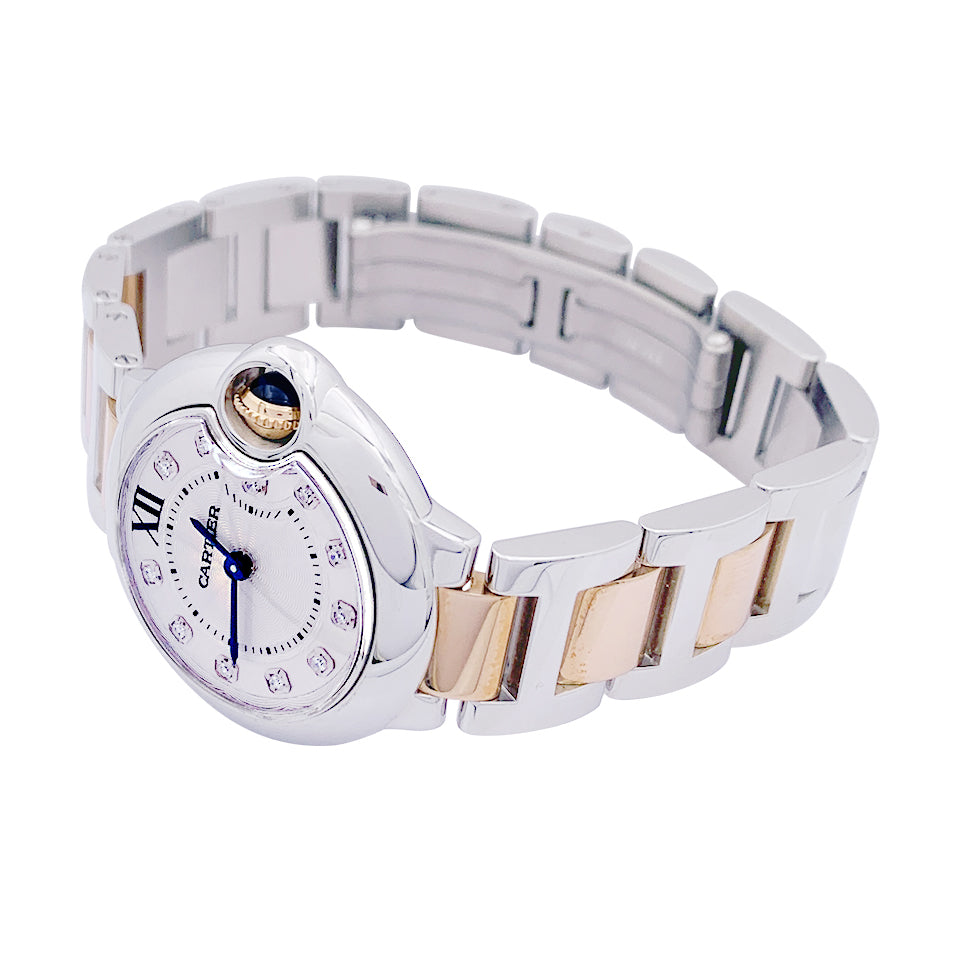 Cartier watch, "Ballon Bleu de Cartier", steel, pink gold, diamonds.
