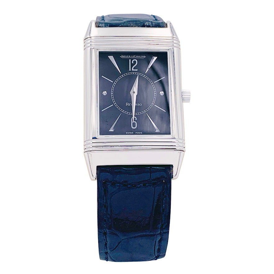 Montre Jaeger Lecoultre, "Reverso", or blanc, acier, cuir.