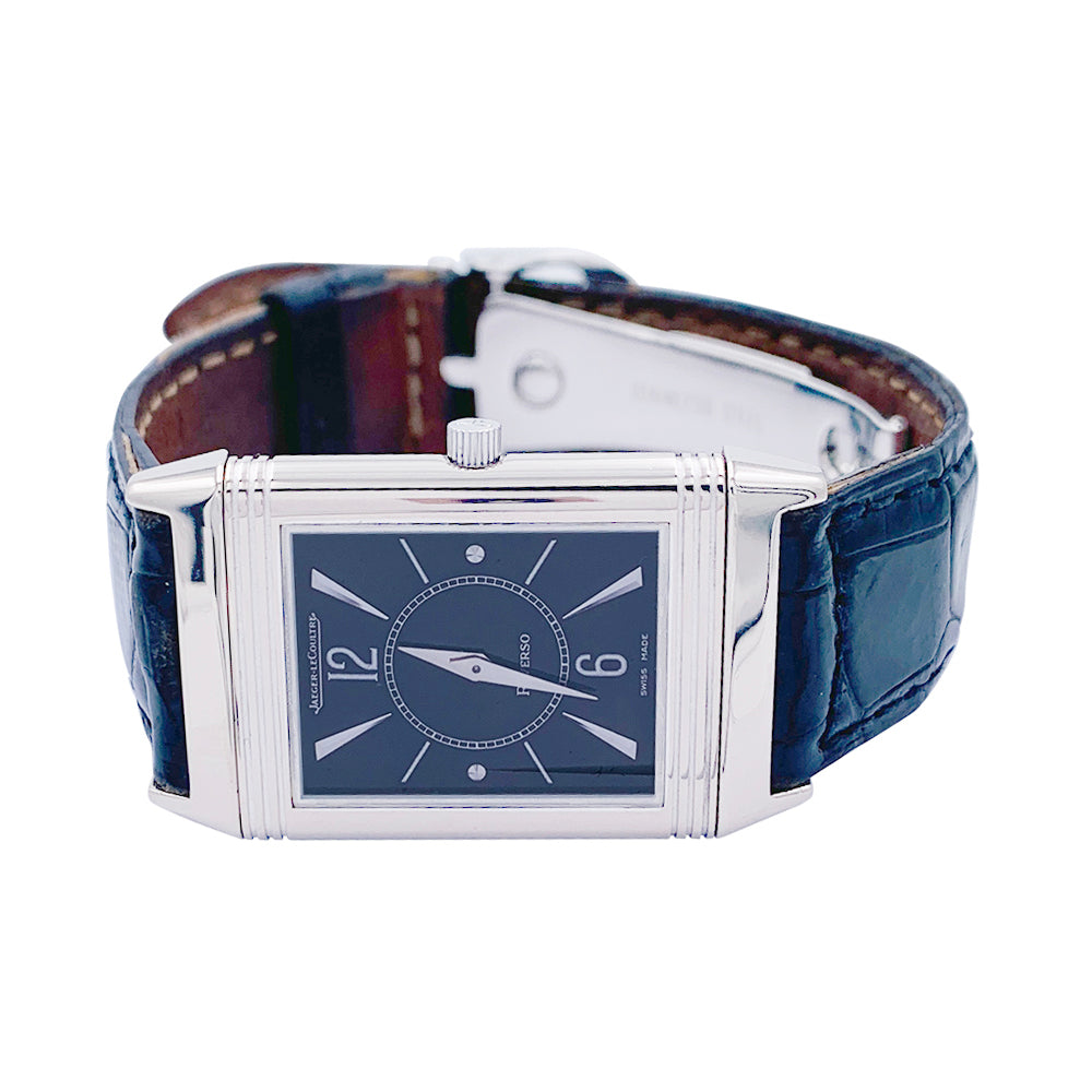 Montre Jaeger Lecoultre, "Reverso", or blanc, acier, cuir.