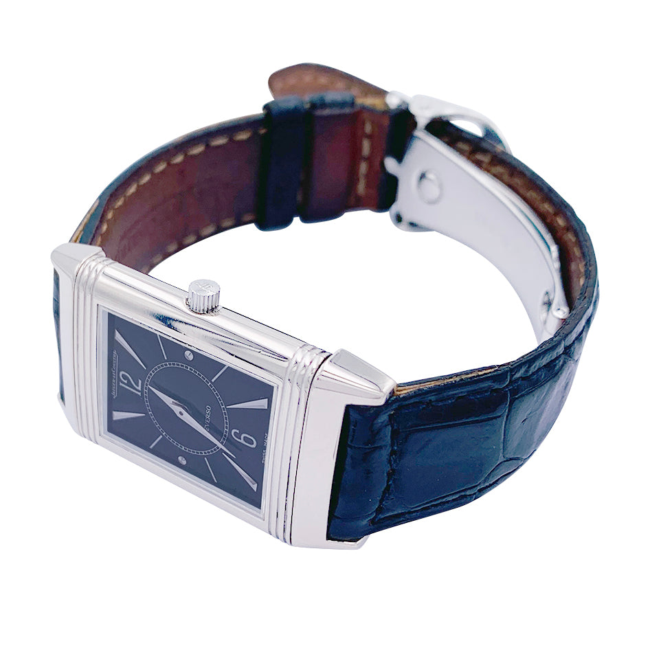Montre Jaeger Lecoultre, "Reverso", or blanc, acier, cuir.