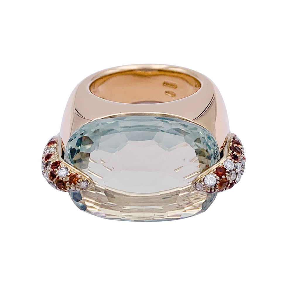 Pomellato ring, "Pin Up", pink gold, prasiolite, diamonds, garnets.