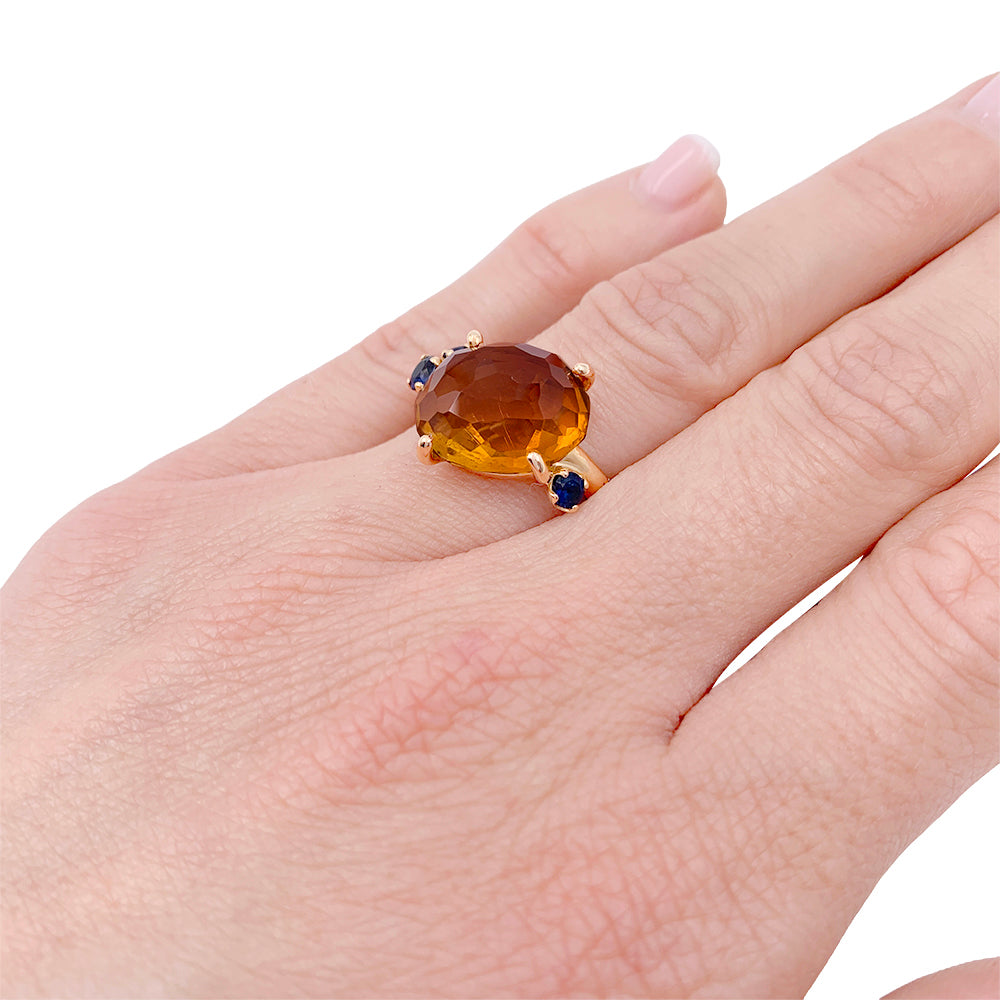 Pomellato ring, "Bahia", pink gold, citrine, sapphires.