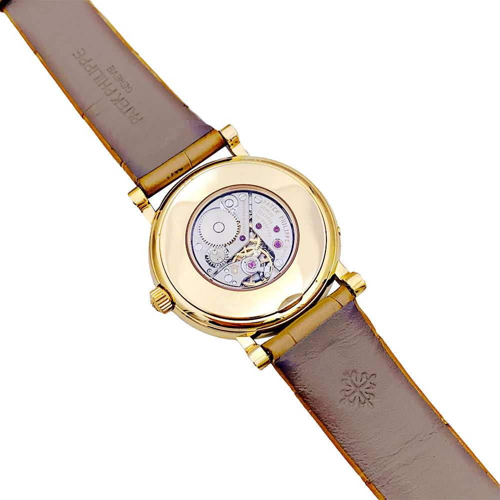 Montre Patek Philippe "Calatrava Moon Phase" or jaune, nacre, diamants, cuir.