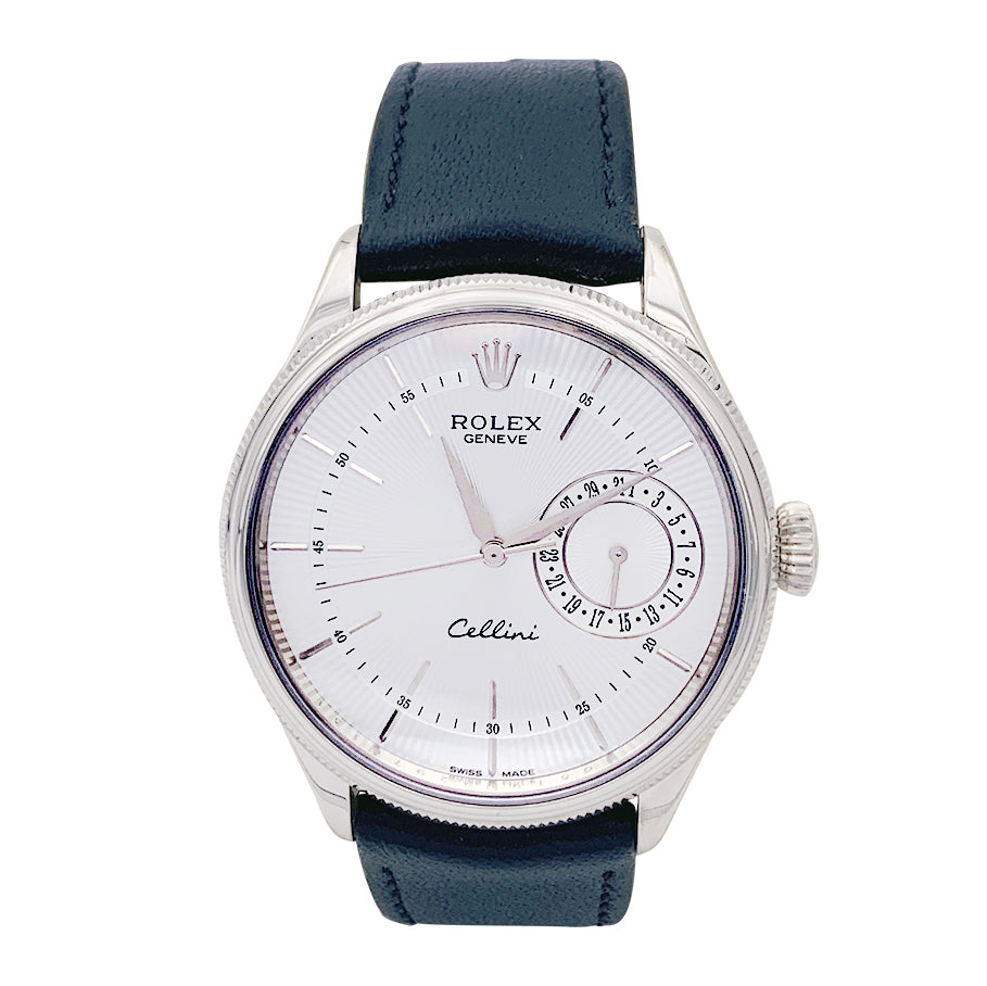 Montre Rolex, "Cellini Date", or blanc, cuir.