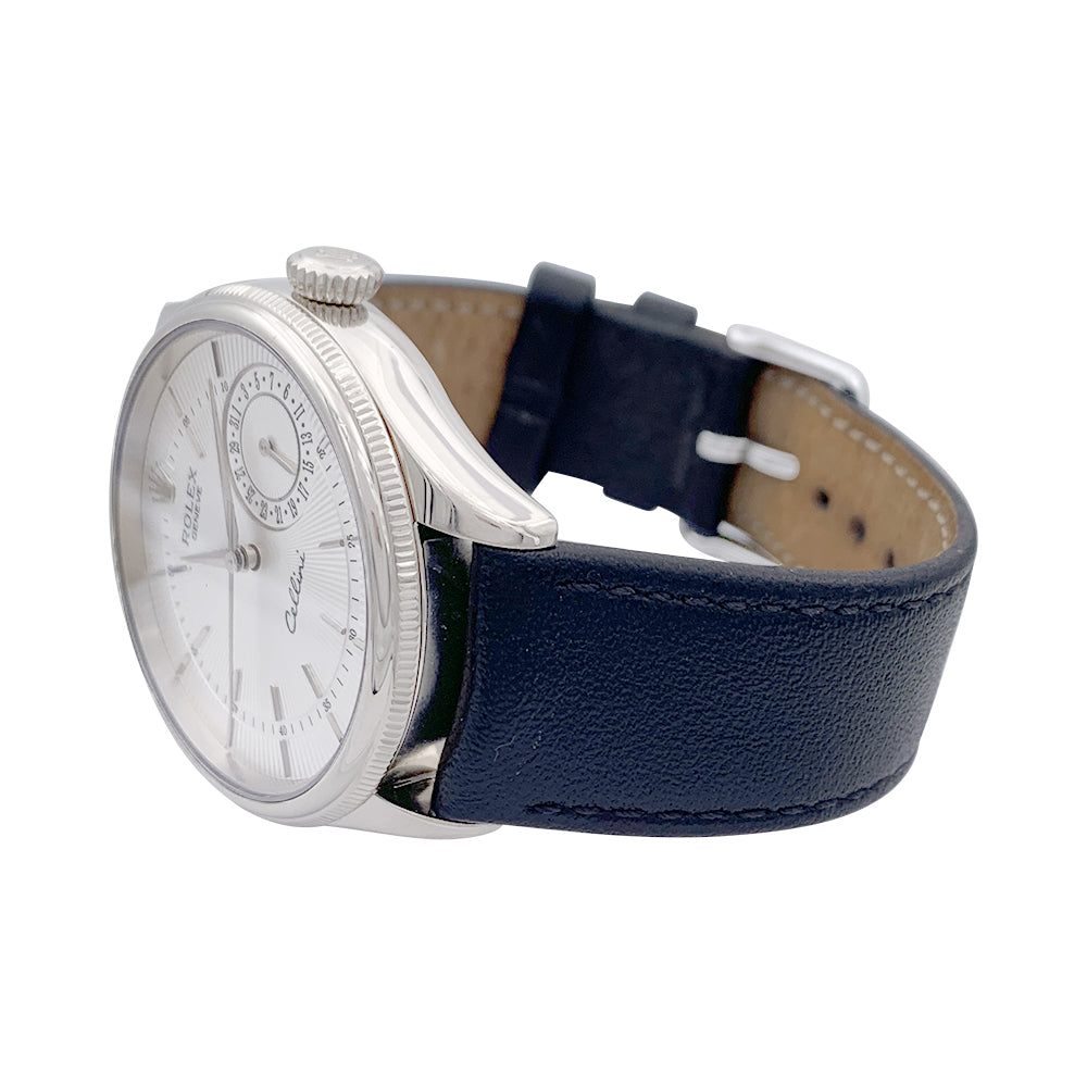 Montre Rolex, "Cellini Date", or blanc, cuir.