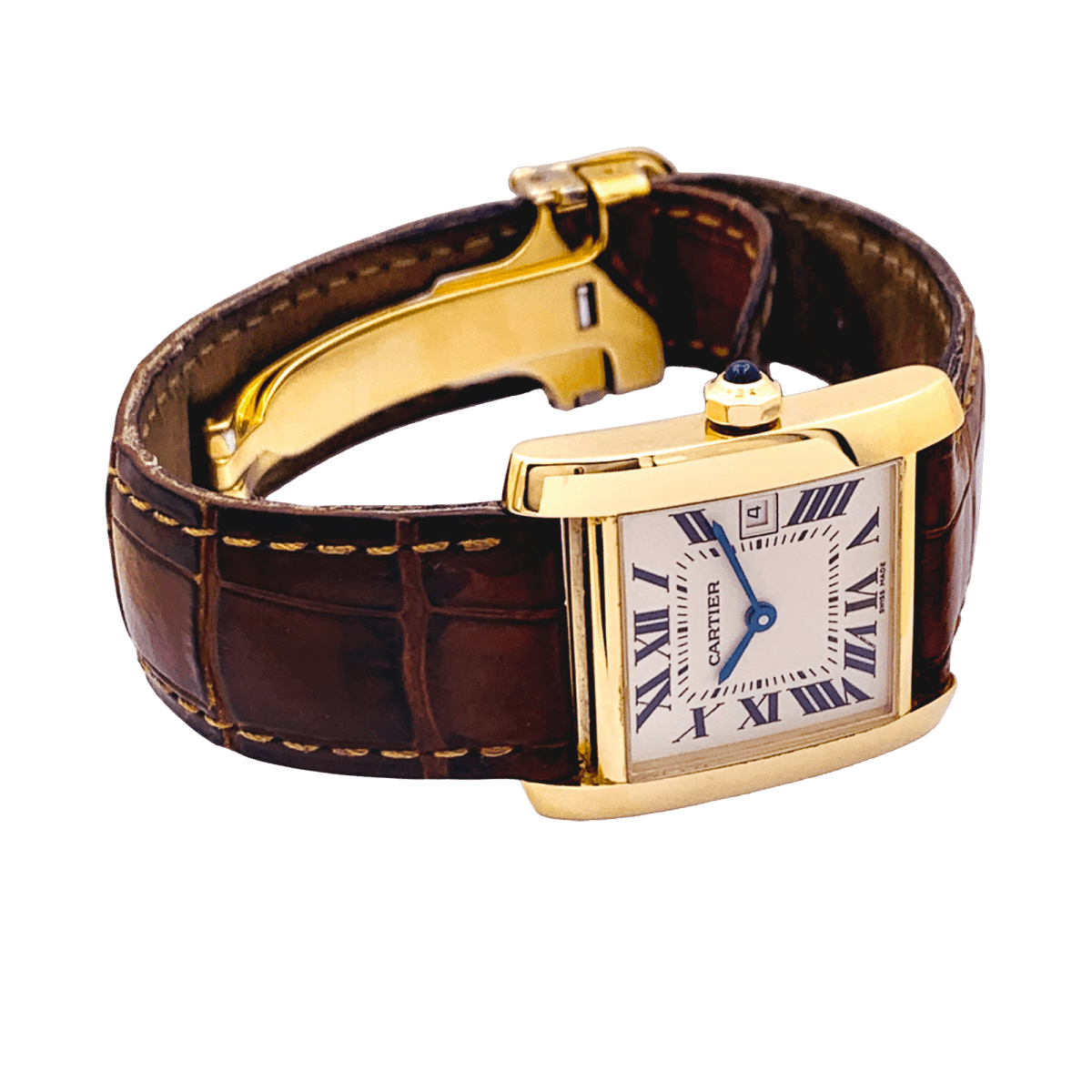 Montre Cartier, "Tank Française", or jaune, cuir. - Maison Eloe