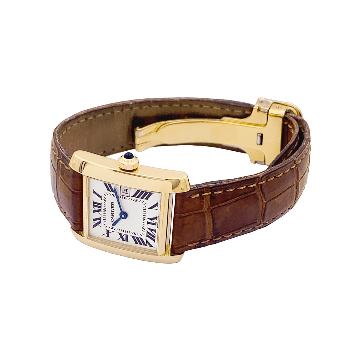 Montre Cartier, "Tank Française", or jaune, cuir. - Maison Eloe