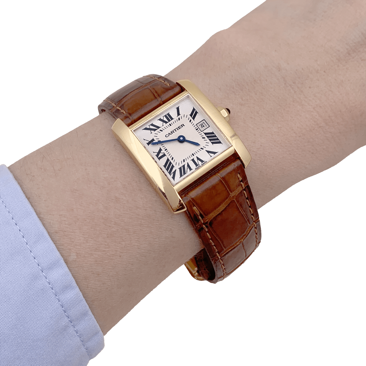 Montre Cartier, "Tank Française", or jaune, cuir. - Maison Eloe