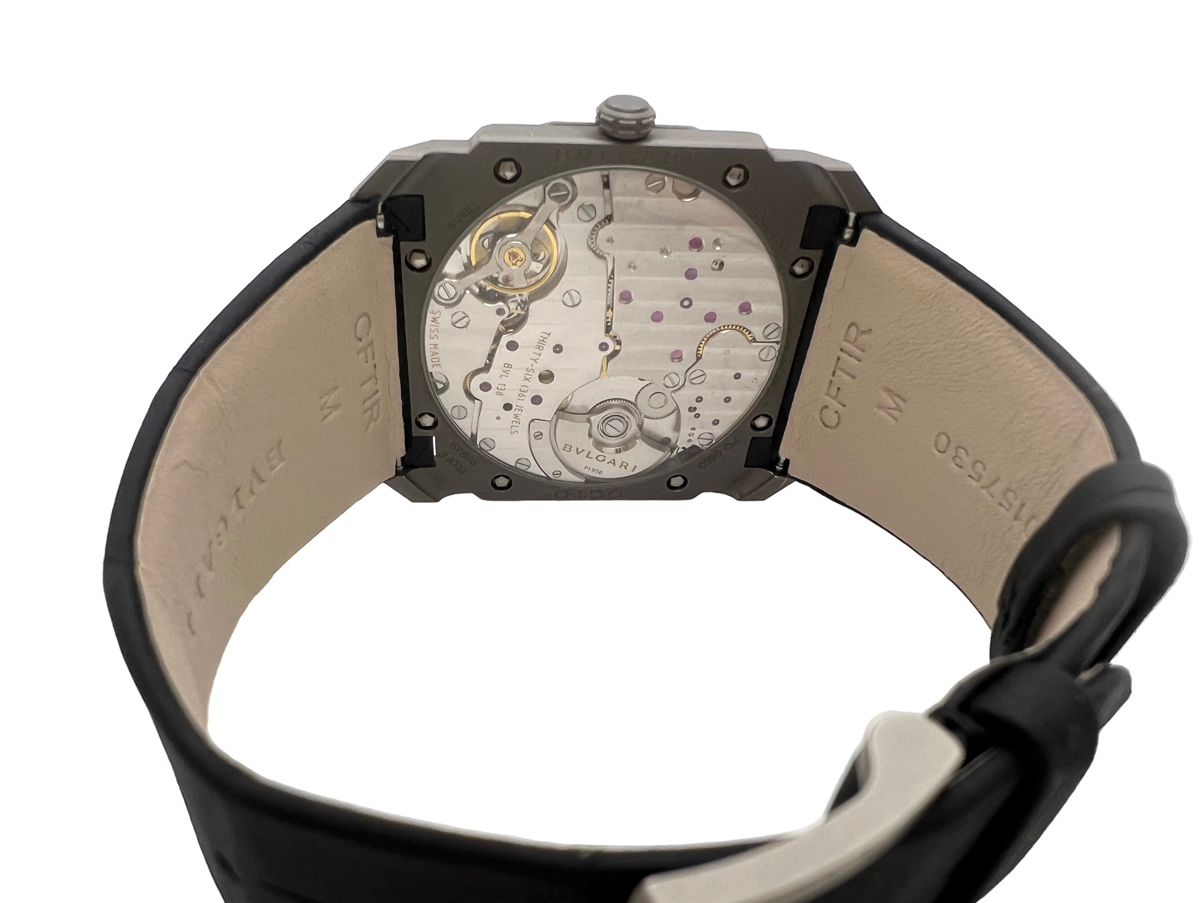Bulgari "OctoFinissimo" watch in titanium, leather strap