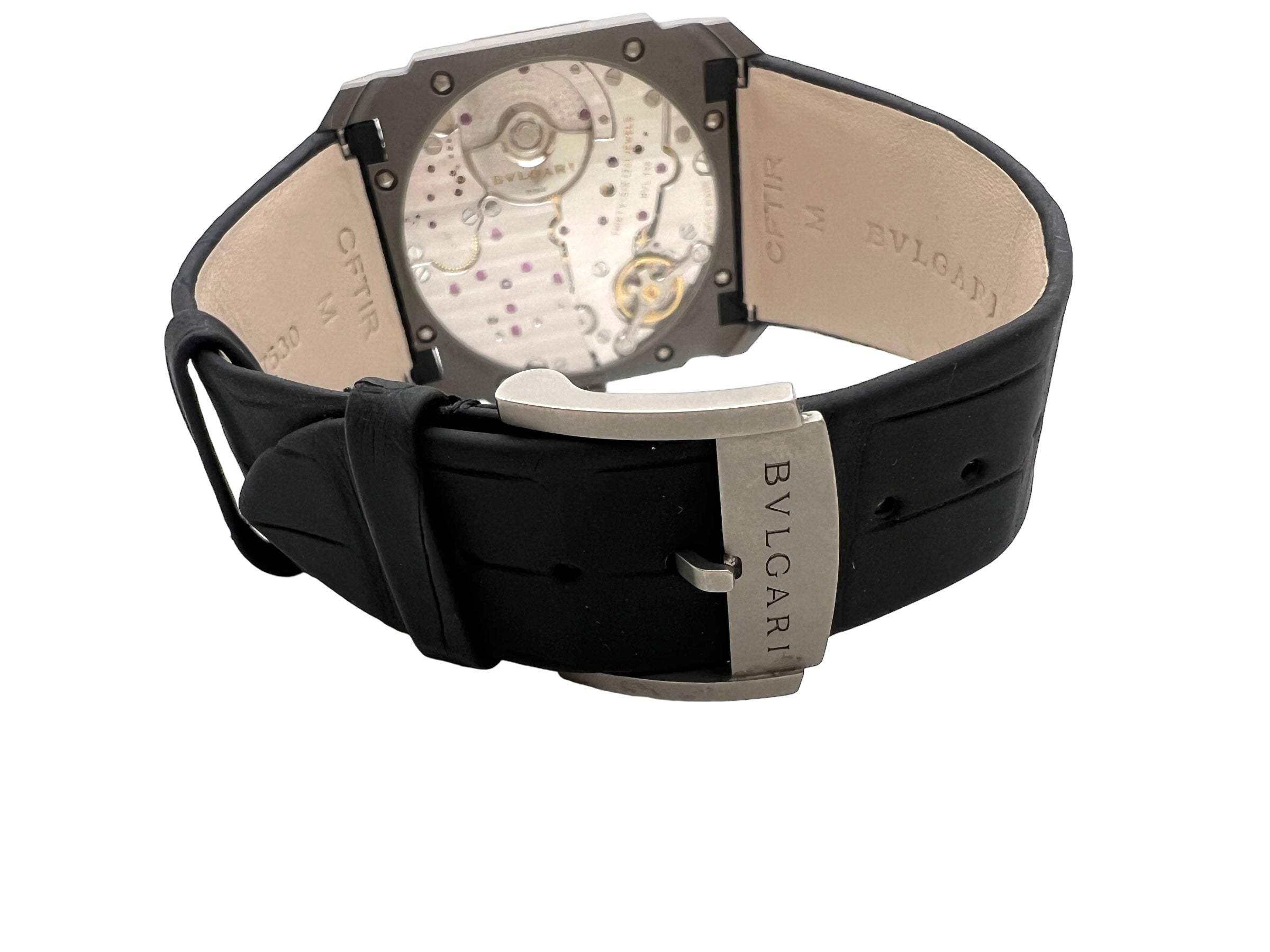 Bulgari "OctoFinissimo" watch in titanium, leather strap