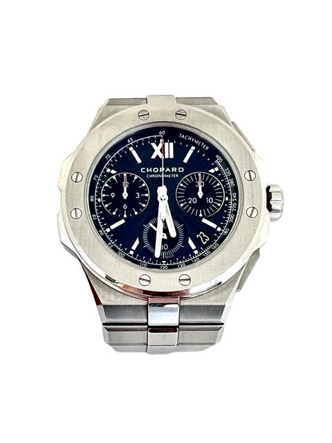 A Chopard Alpine Eagle Chrono steel watch with a blue background