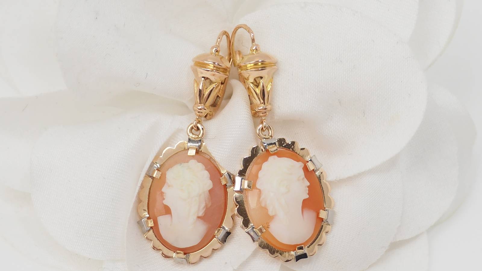 Pendants d'oreilles en or jaune et camée