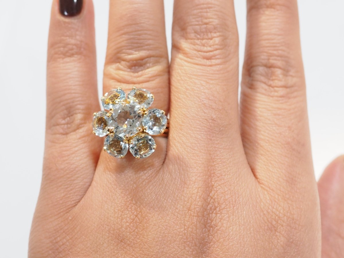 Bague fleur en or jaune et aigues marines - Maison Eloe