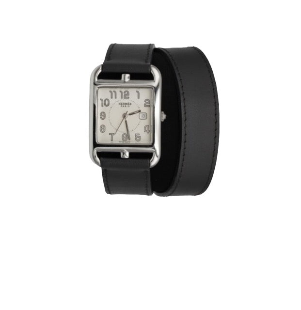 Hermès, montre "Cape Cod" en acier sur bracelet long cuir