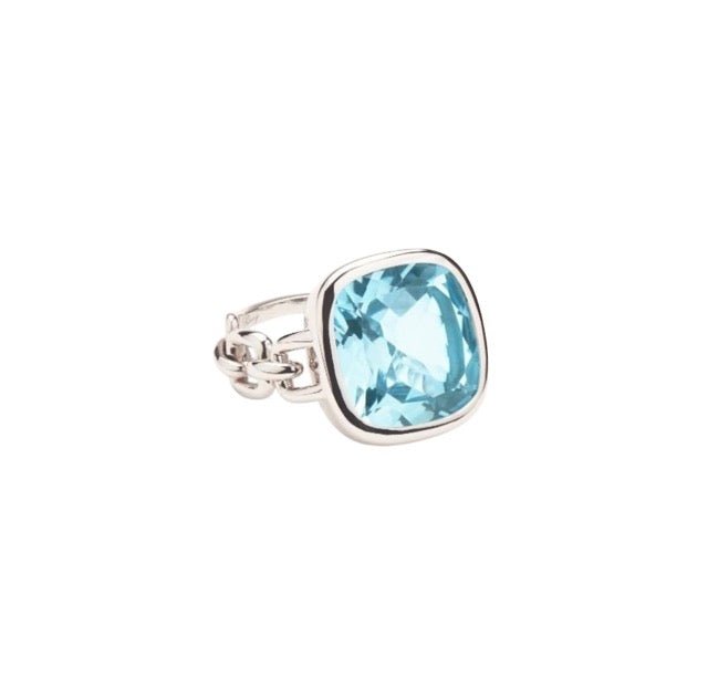 Poiray, bague collection "Indrani" en or gris et topaze bleue - Maison Eloe