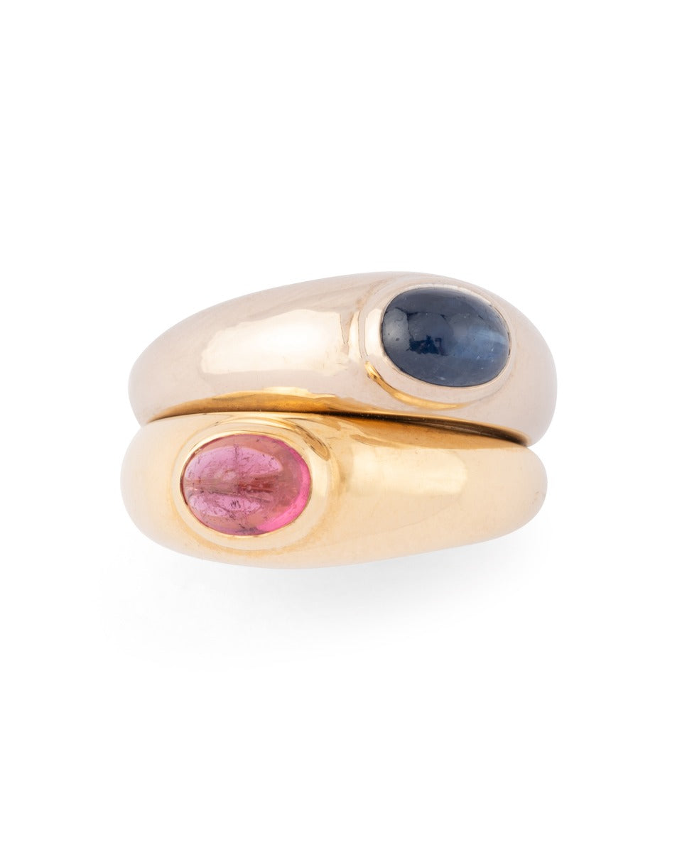 Poiray, 18K yellow and white gold ring with sapphire and tourmaline cabochons