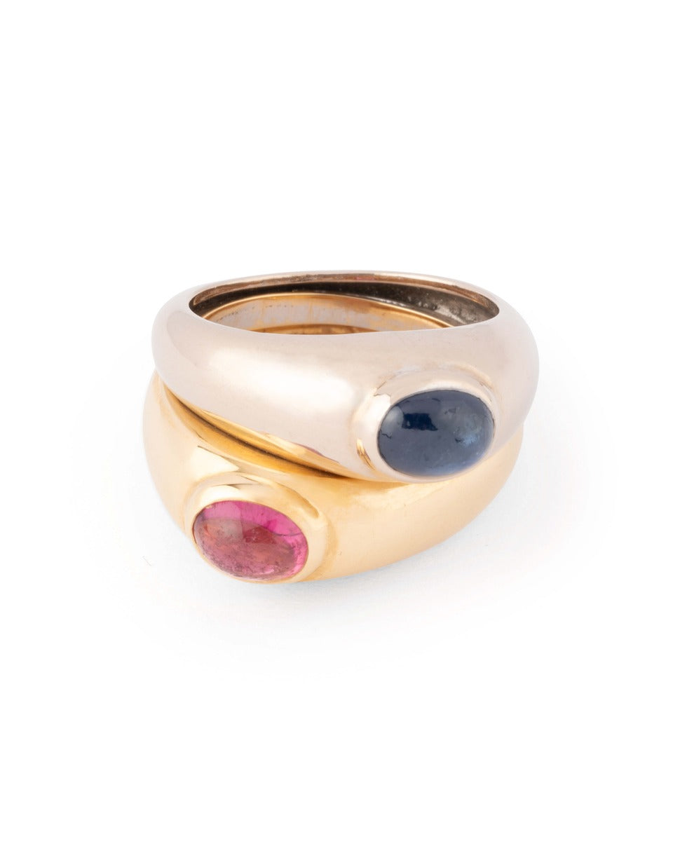Poiray, 18K yellow and white gold ring with sapphire and tourmaline cabochons