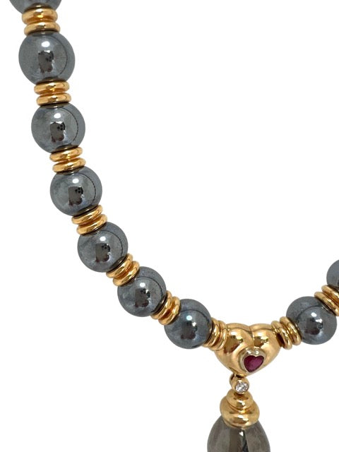 Poiray, Hematite, Gold, Ruby and Diamond Ball Necklace