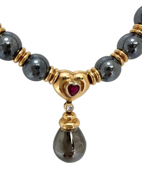 Poiray, Hematite, Gold, Ruby and Diamond Ball Necklace