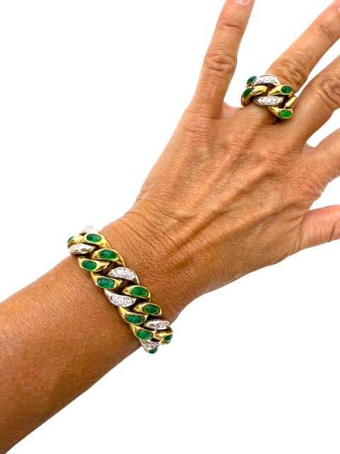 Pomellato, bracelet vintage "Tango" émeraudes et diamants sur or blanc et or jaune 18K - Maison Eloe