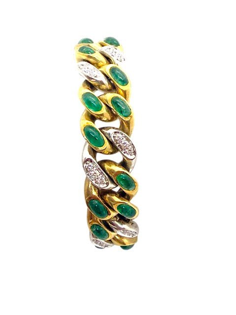 Pomellato, bracelet vintage "Tango" émeraudes et diamants sur or blanc et or jaune 18K - Maison Eloe