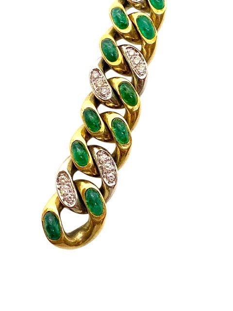 Pomellato, bracelet vintage "Tango" émeraudes et diamants sur or blanc et or jaune 18K - Maison Eloe