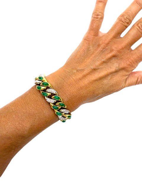Pomellato, bracelet vintage "Tango" émeraudes et diamants sur or blanc et or jaune 18K - Maison Eloe