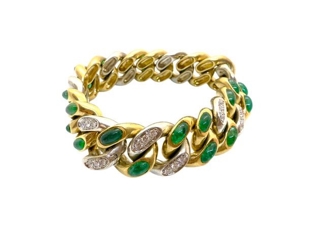 Pomellato, bracelet vintage "Tango" émeraudes et diamants sur or blanc et or jaune 18K - Maison Eloe