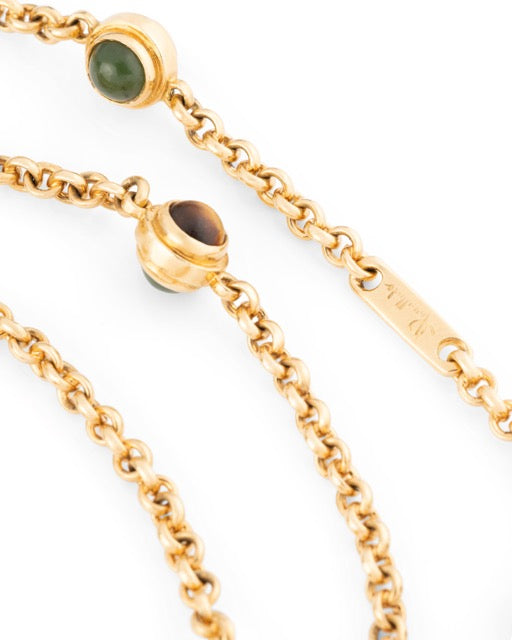 Pomellato collier sautoir vintage en or jaune, oeil de tigre, quartz et jade