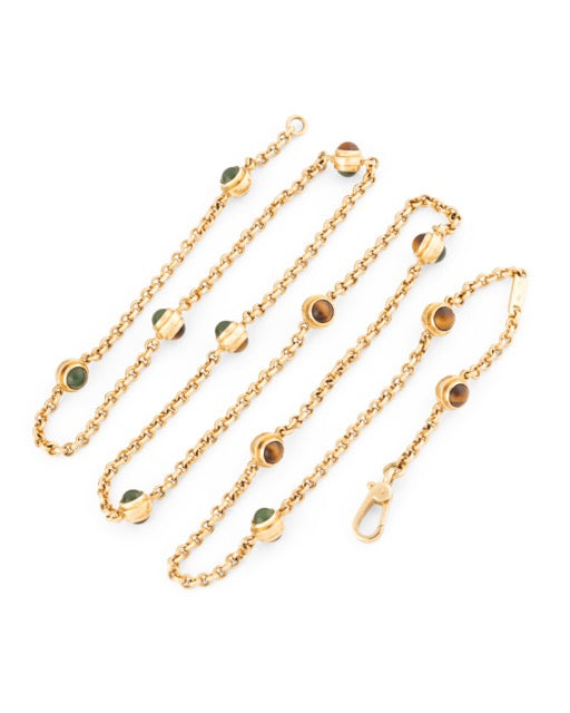 Pomellato vintage sautoir necklace in yellow gold, tiger's eye, quartz and jade