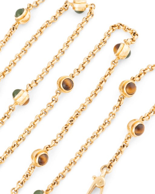 Pomellato vintage sautoir necklace in yellow gold, tiger's eye, quartz and jade