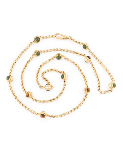 Pomellato collier sautoir vintage en or jaune, oeil de tigre, quartz et jade