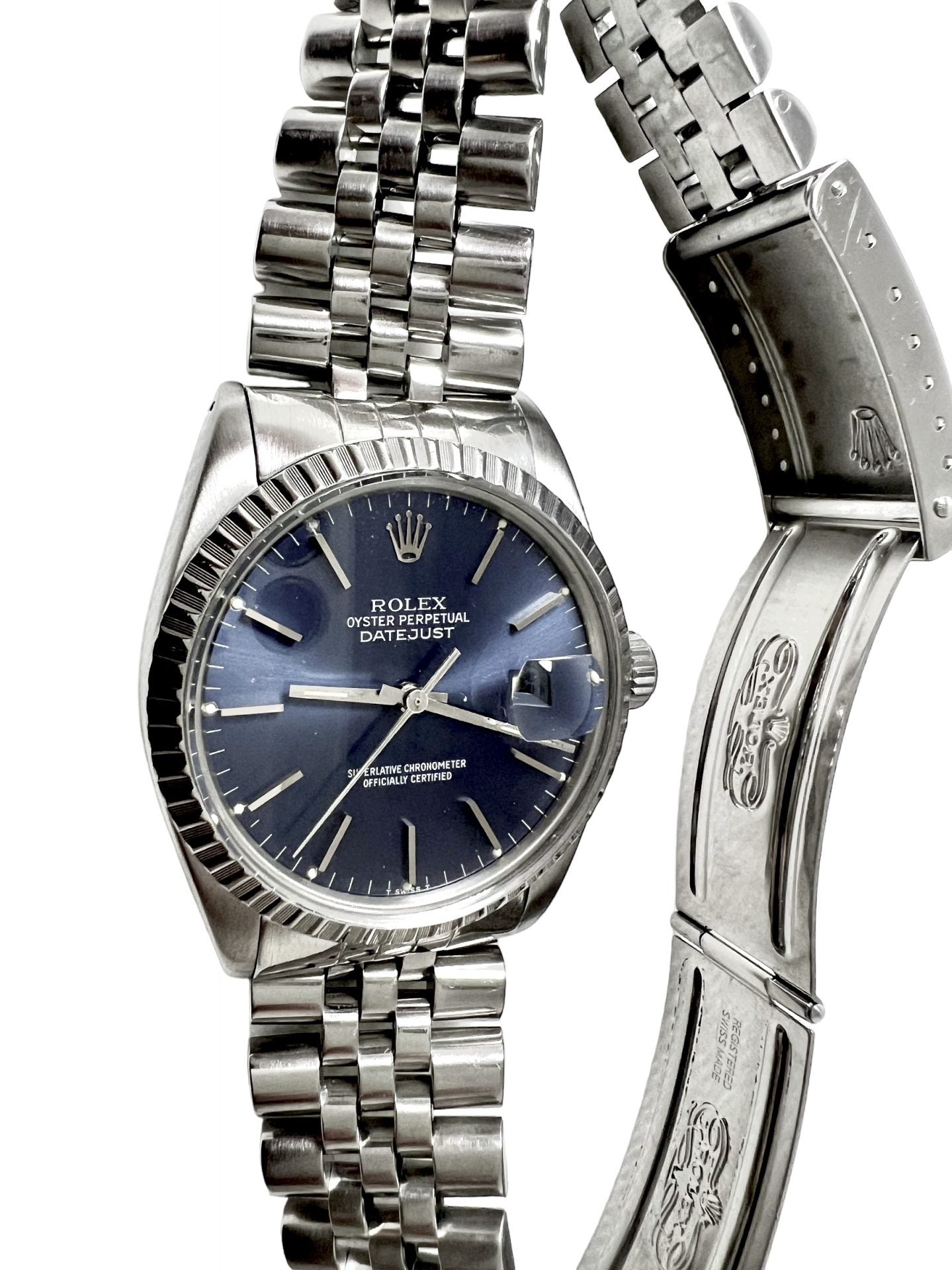 Vintage Rolex Datejust watch in steel with blue dial